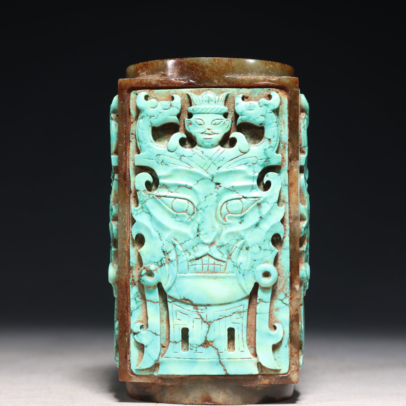 An Archaic Hongshan Culture Yellow Jade Inlaid Turquoise Beast-Face Pattern Jade cong: An Archaic Hongshan Culture Yellow Jade Inlaid Turquoise Beast-Face Pattern Jade cong,Ancient Time, China,Size:2.8inx4.9in Weight:900g