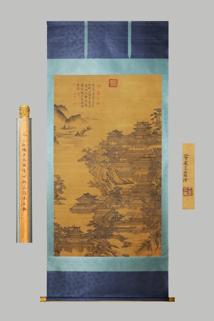 A Chinese Vertical Scroll Ink Painting of Landscape and Figure on Silk,Wang Zhenpeng: A Chinese Vertical Scroll Ink Painting of Landscape and Figure on Silk,Wang Zhenpeng,Size:(Without frame)70.1inx40.6in 一幅中国水墨绢本山水&