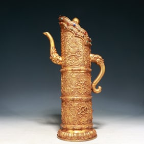 A Huge Gilt Bronze Lotus and Eight Treasures Pattern Dragon-head Flagon,Inlaid Gems