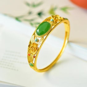 An Exquisite Sterling Silver-Gold Plated Inlaid Jasper Flower Pattern Bracelet,Inlaid Gems