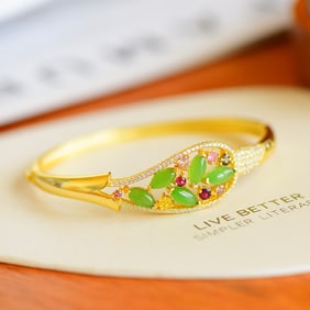 An Exquisite Sterling Silver-Gold Plated Inlaid Jasper Bracelet,Inlaid Diamond