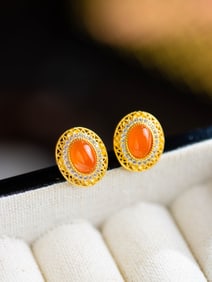 A Pair of Exquisite Sterling Silver-Gold Plated Inlaid Agate Earrings,Inlaid Diamond