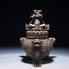 An Exquisite Silver-plated Bronze Flower Pattern Buddha Statue Beast-Ears Tripod Censer