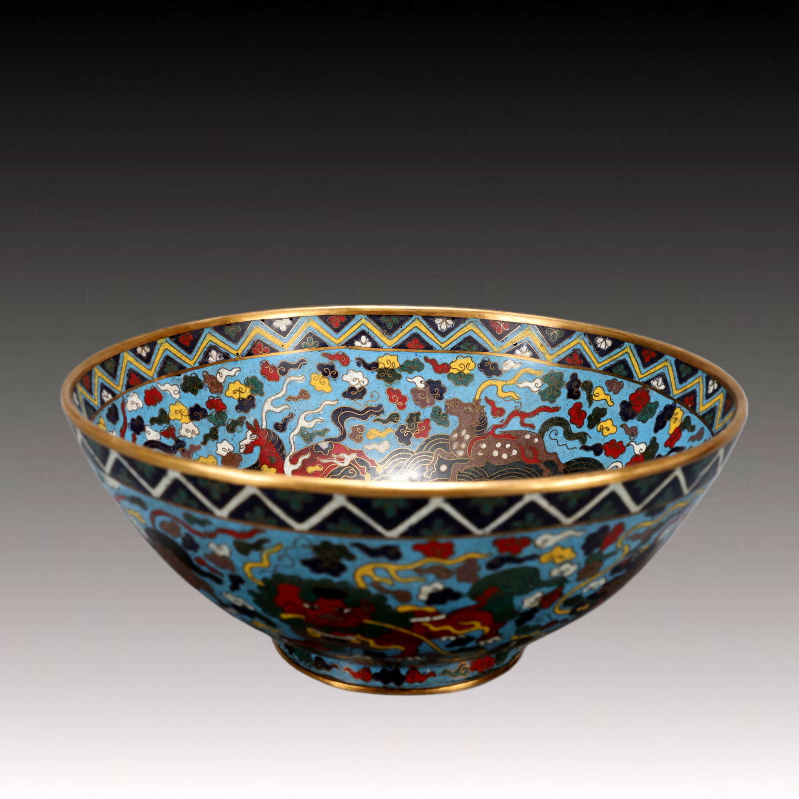 A Exquisite Cloisonne Flower and Bird Pattern Auspicious Beast Pattern Bowl: A Exquisite Cloisonne Flower and Bird Pattern Auspicious Beast Pattern Bowl , Ming Dynasty, China, Jingtai Four-character Mark , Size:9.1inx9.1inx3.9in Weight:1450g 景泰蓝花