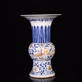 An Exquisite Blue and White Painted Gold Flower and Phoenix Pattern Vase,With Sanskrit