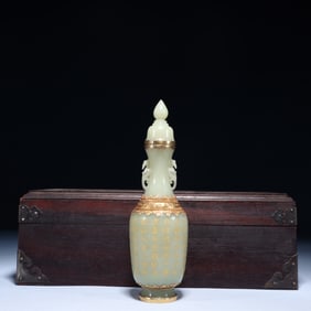 An Exquisite White Jade Gilt Double-Ears Bottle,with poem