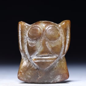 An Archaic Hongshan Culture Greenish Jade Figure-Face Pattern Ornament