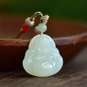 An Exquisite Greenish Jade Maitreya Buddha Pendant