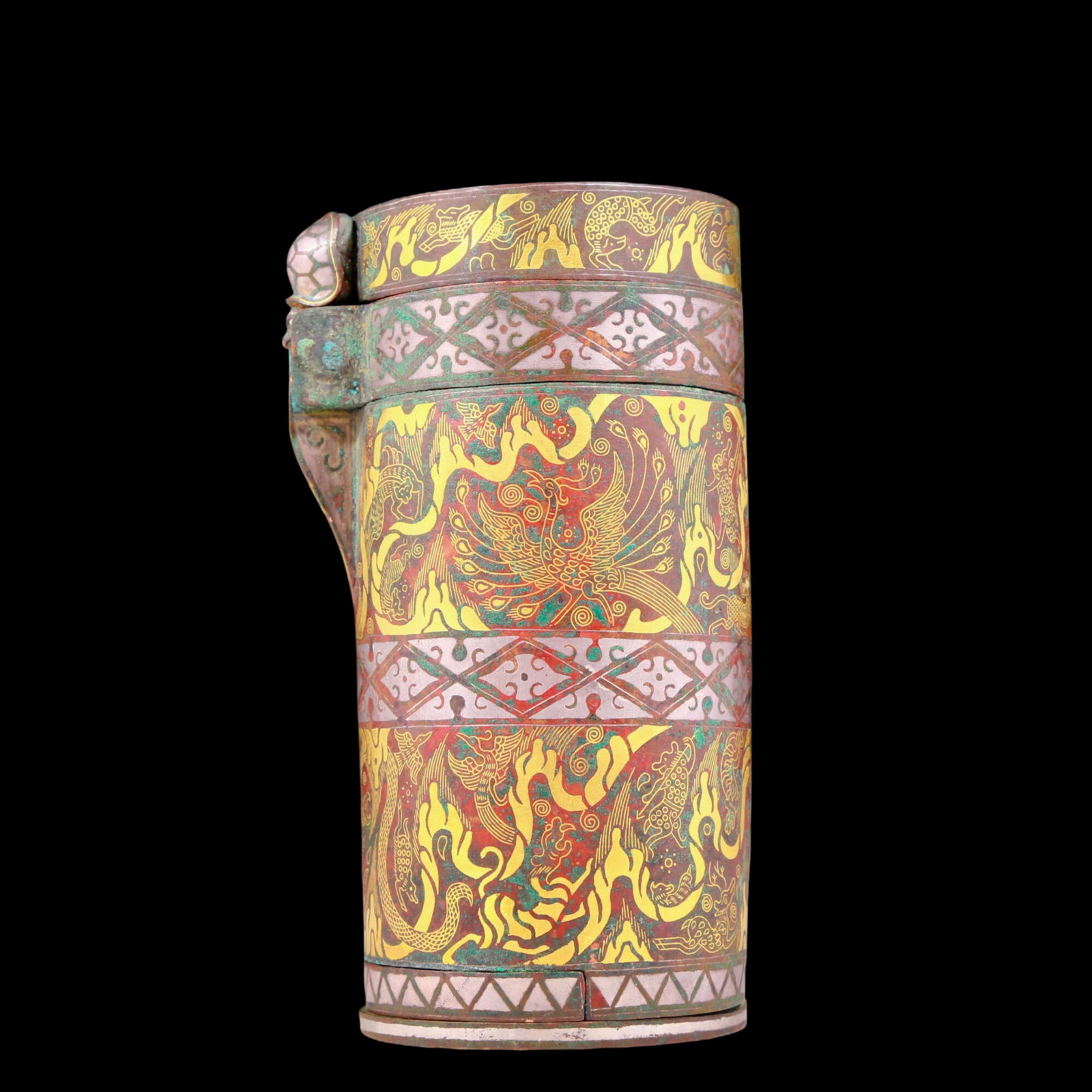 A precious bronze candlestick inlaid with gold and silver with auspicious animal patterns: A precious bronze candlestick inlaid with gold and silver with auspicious animal patterns, with inscriptions, ancient times, Size: 3.1inx5.7in, Weight: 1565g 铜嵌金银瑞&#