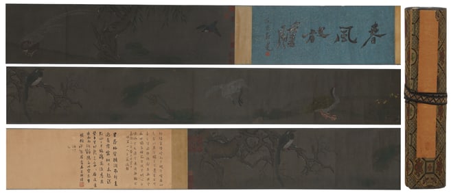 A Chinese Hand Scroll Ink Painting of Flower and Bird on Paper