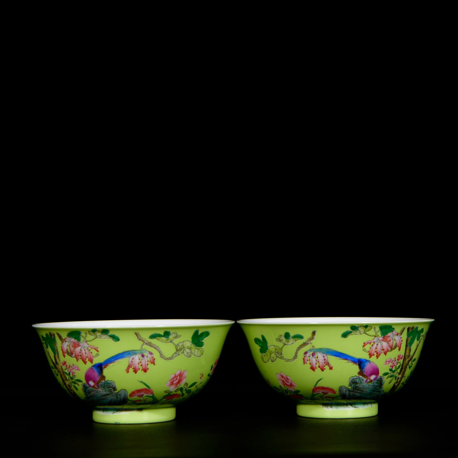 A Pair of Exquisite Green Glazed Enamel Flower and Bird Pattern Bowls,With Poem: A Pair of Exquisite Green Glazed Enamel Flower and Bird Pattern Bowls,With Poem,Qing Dynasty,China,Yongzheng Four-character Mark,Size:2.8inx5.9in 一对绿釉珐琅ঊ