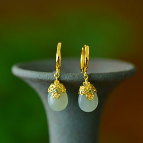 A Pair of Exquisite Sterling Silver-Gold Plated Inlaid Greenish Jade Earrings