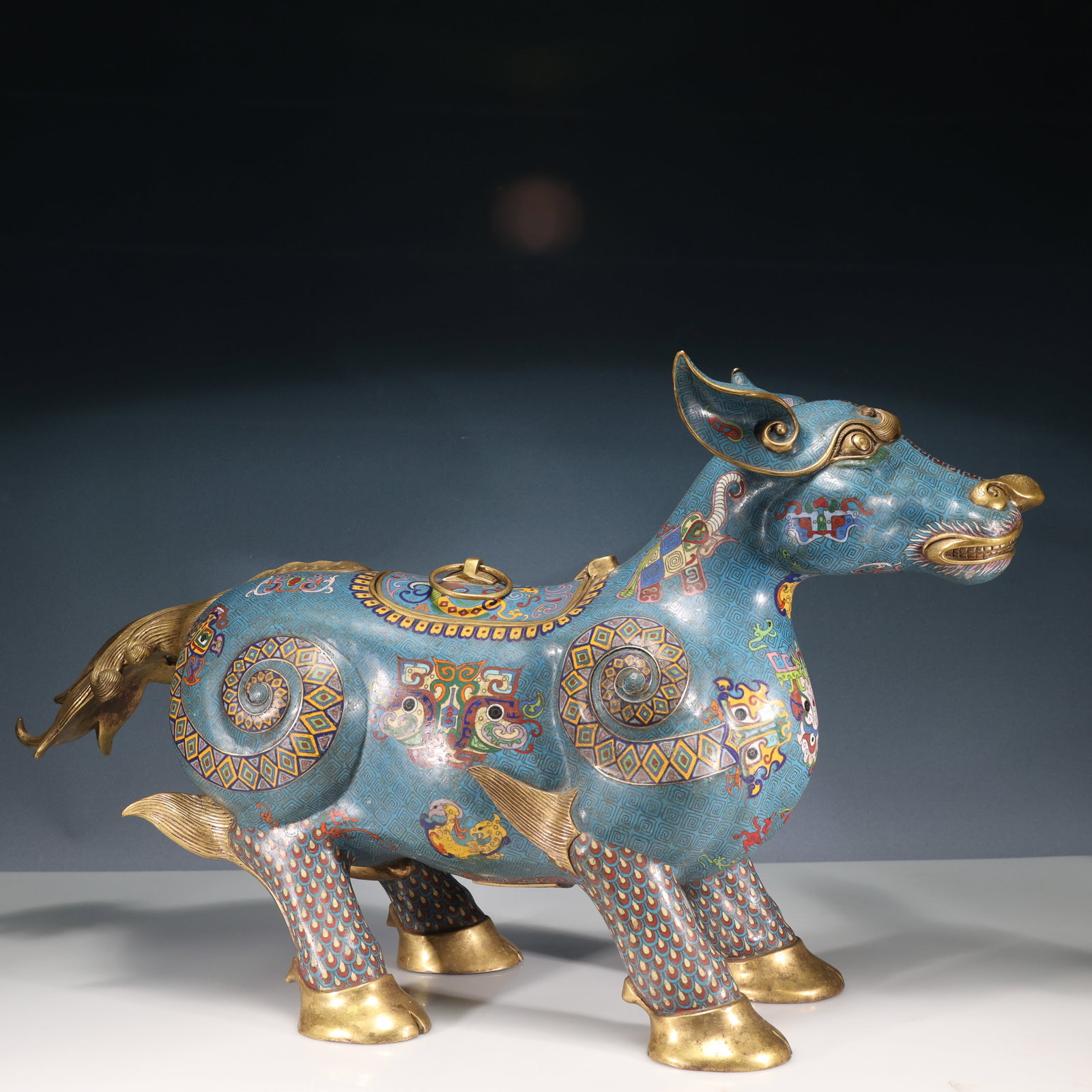 A Huge Cloisonne Beast-Face Pattern Auspicious Beast Ornament: A Huge Cloisonne Beast-Face Pattern Auspicious Beast Ornament,Qing Dynasty, China,Qianlong Four-character Mark,Size:36.2inx10.2inx20.1in,Weight:31850g 景泰蓝兽面纹&