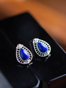 A Pair of Exquisite Sterling Silver Inlaid Lapis Lazuli Earrings