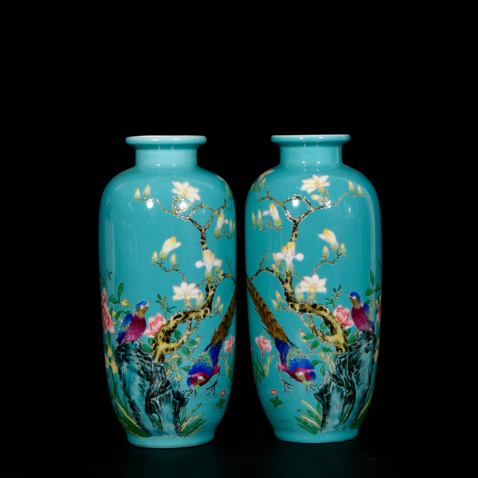 A Pair of Exquisite Turquoise Glazed Enamel Flower and Bird Pattern Vases,With Poem: A Pair of Exquisite Turquoise Glazed Enamel Flower and Bird Pattern Vases,With Poem,Qing Dynasty,China,Yongzheng Four-character Mark,Size:3.9inx8.3in 一对松石绿釉&#