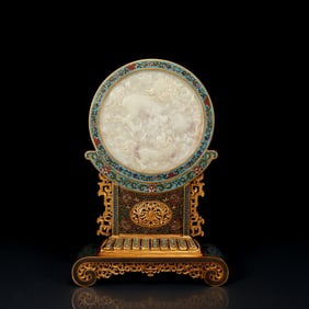 A Huge Cloisonne Inlaid White Jade Auspicious Beast Pattern Table Screen,With Poem