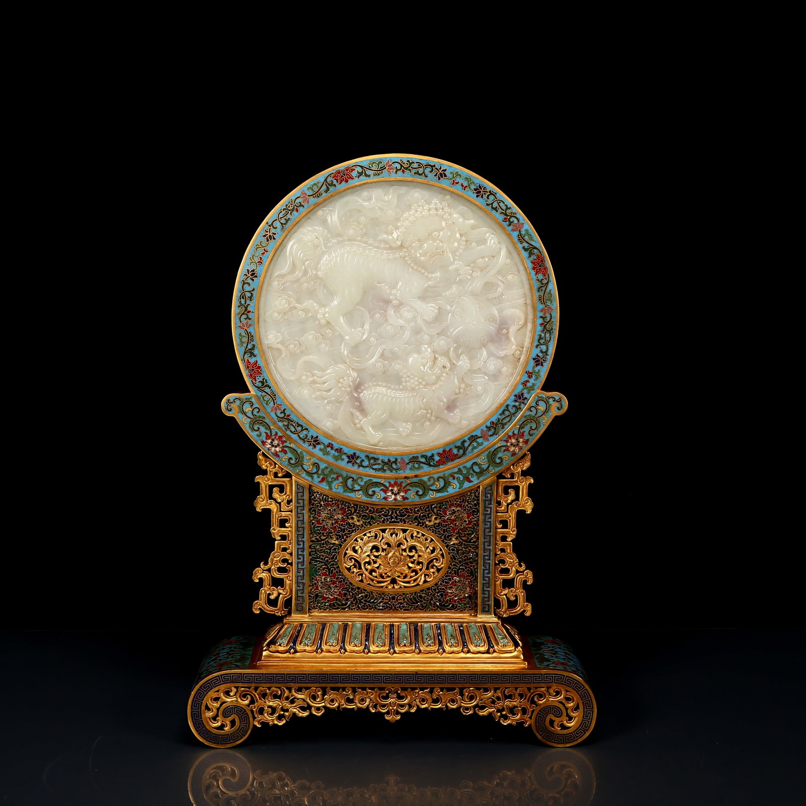 A Huge Cloisonne Inlaid White Jade Auspicious Beast Pattern Table Screen,With Poem: A Huge Cloisonne Inlaid White Jade Auspicious Beast Pattern Table Screen,With Poem ,Qing Dynasty, China,Size:12.2inx3.5inx17.7in,Weight:3390g 景泰蓝嵌白玉瑞&#
