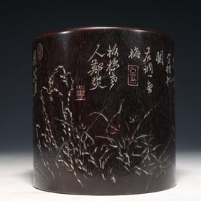 An Exquisite Zitanwood Orchid and Bamboo Pattern Brush Pot,With Poem