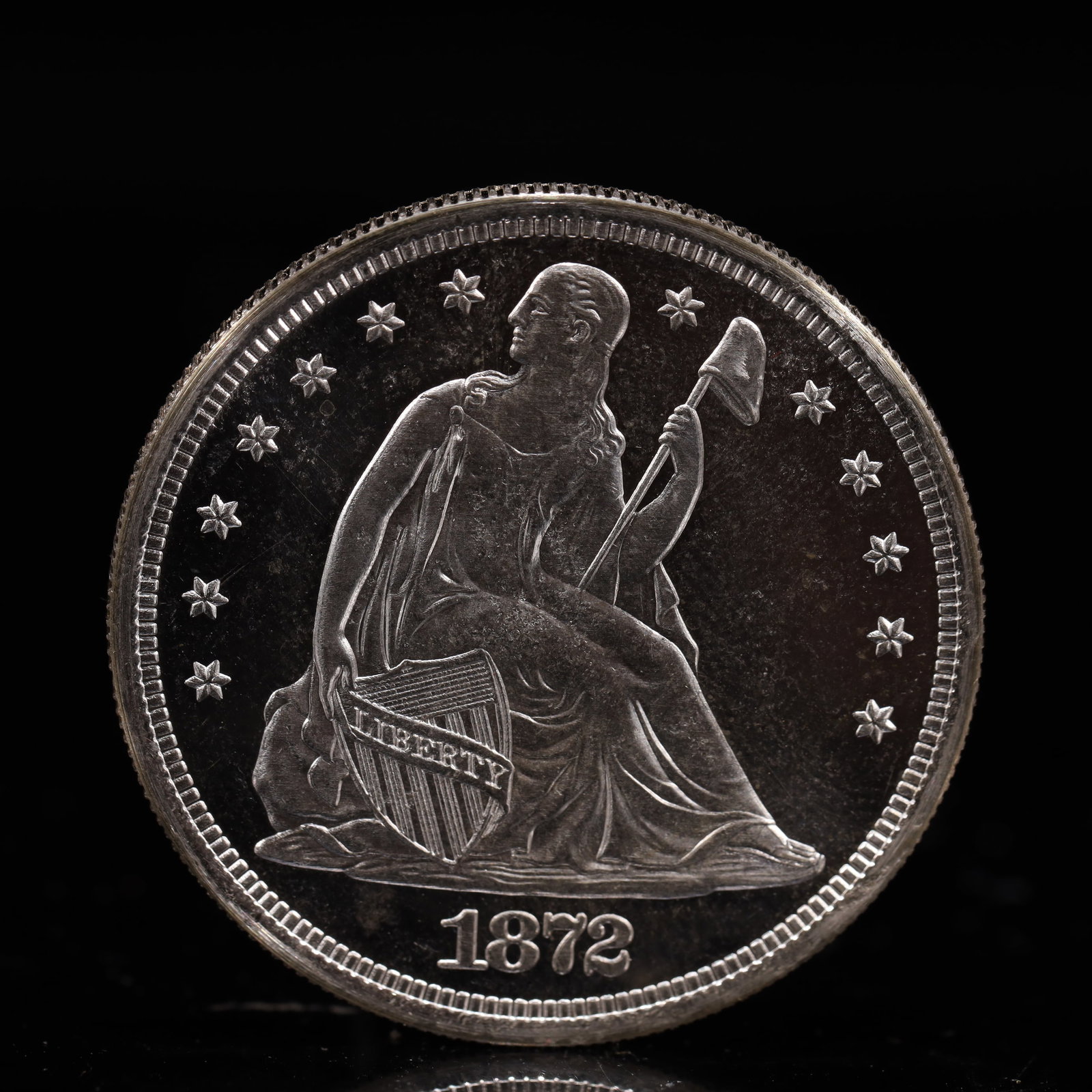 USA One Dollar 1872 Coin: American coin. IN GOD WE TRUST / LIBERTY / 1872 / UNITED STATES OF AMERICA / ONE DOL. Mint Mark: CC.Weight:26.9g.