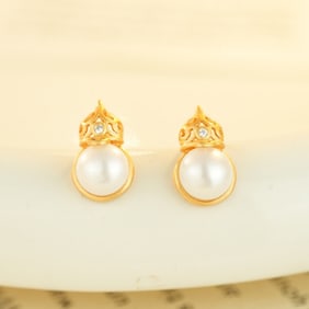 A Pair of Exquisite Sterling Silver-Gold Plated Inlaid Pearls Gourd Earrings,Inlaid Diamond