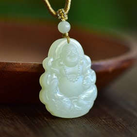 An Exquisite Greenish Jade Maitreya Buddha Pendant