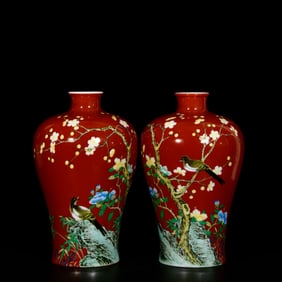 A Pair of Exquisite Red Glazed Enamel Flower and Bird Pattern Vases,With Poem