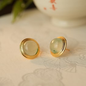 A Pair of Exquisite Sterling Silver-Gold Plated Inlaid Jadeite Earrings