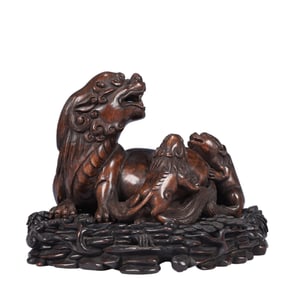 An Exquisite Redwood Lion Ornament,With Base