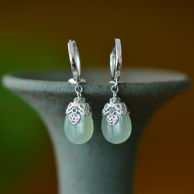 A Pair of Exquisite Sterling Silver Inlaid Greenish Jade Earrings