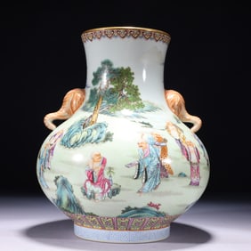 An Exquisite Famille-Rose Painted Gold Character and Story Pattern Elephant-Ears Vase