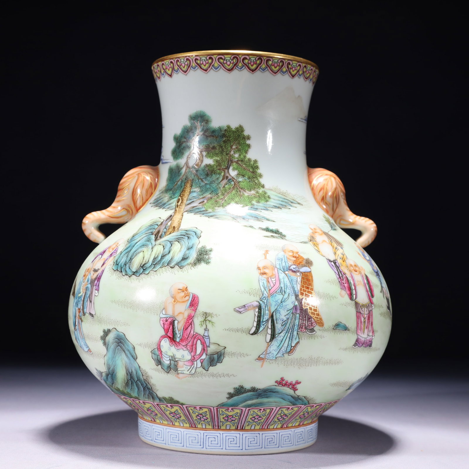 An Exquisite Famille-Rose Painted Gold Character and Story Pattern Elephant-Ears Vase: An Exquisite Famille-Rose Painted Gold Character and Story Pattern Elephant-Ears Vase,Qing Dynasty,China,Yongzheng Six-character Mark,Size:7.9inx10.6in,Weight:2500g