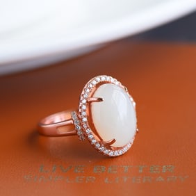 An Exquisite Sterling Silver-Gold Plated Inlaid White Jade Ring,Inlaid Diamond