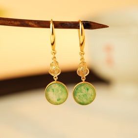 A Pair of Exquisite Sterling Silver-Gold Plated Inlaid Jadeite Earrings