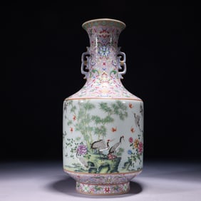 An Exquisite Pink Ground Famille-Rose Painted Gold Flower and Crane Pattern Double-Ears Vase,with