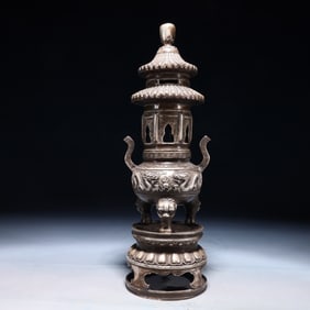 An Exquisite Silver-plated Bronze Auspicious Cloud and Dragon Pattern Double-Ears and Tripod Censer