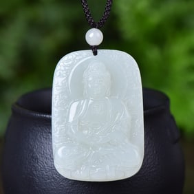 An Exquisite White Jade Auspicious Cloud and Buddha Pattern Pendant
