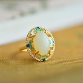 An Exquisite Sterling Silver-Gold Plated Inlaid White Jade Enamel Ring,Inlaid Diamond