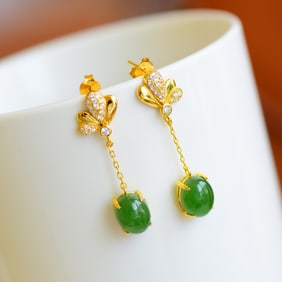 A Pair of Exquisite Sterling Silver-Gold Plated Inlaid Jasper Earrings,Inlaid Diamond