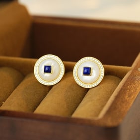 A Pair of Exquisite Sterling Silver-Gold Plated Inlaid Shell Earrings,Inlaid Diamond and Lapis