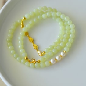 An Exquisite Sterling Silver-Gold Plated Inlaid Yellow Jade Bracelets,With Pearls
