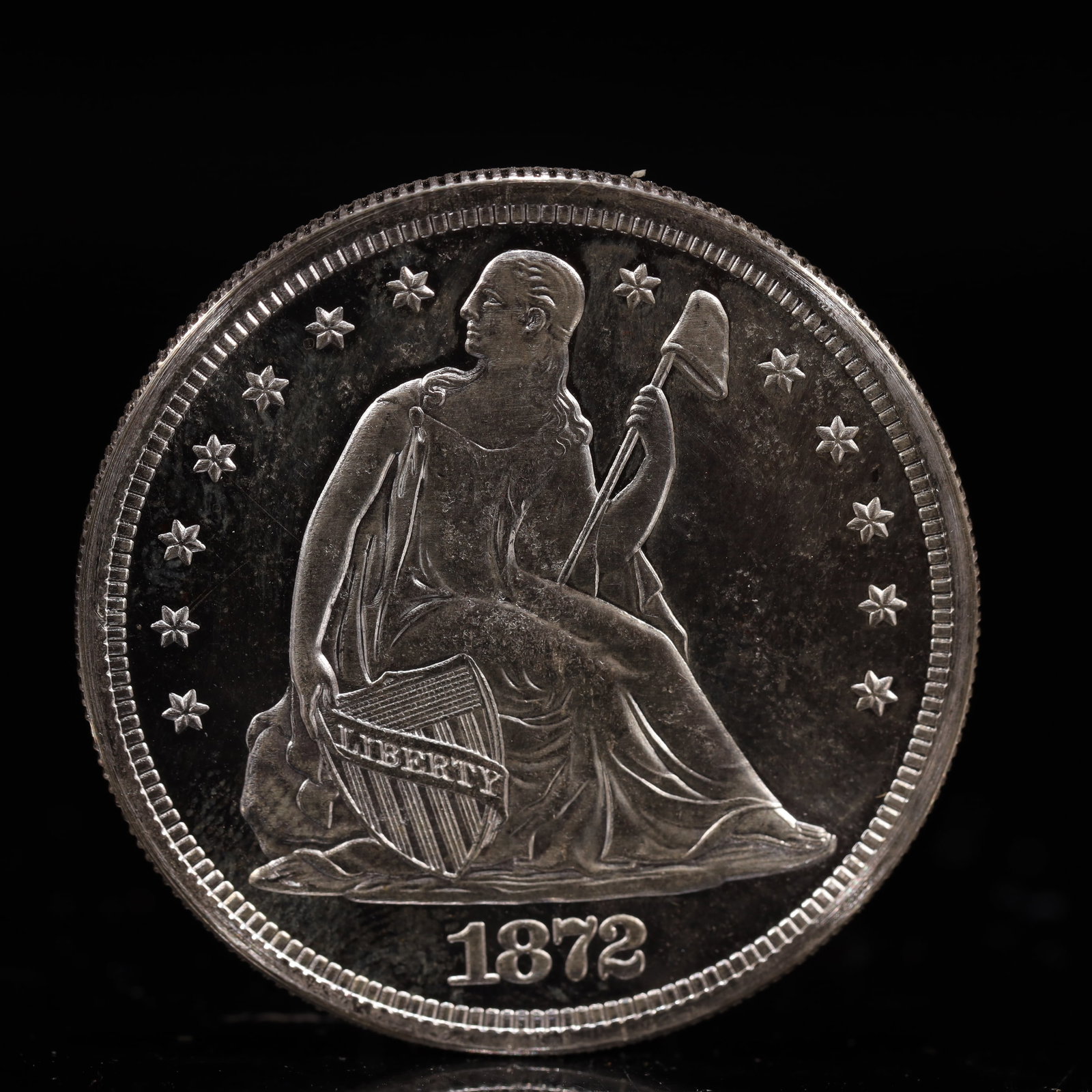 USA One Dollar 1872 Coin: American coin. IN GOD WE TRUST / LIBERTY / 1872 / UNITED STATES OF AMERICA / ONE DOL. Mint Mark: CC.Weight:26.9g.