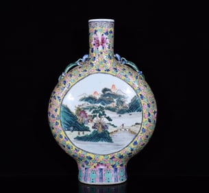 A Rare Wucai Landscape and Figure Pattern Double-Ears Vase