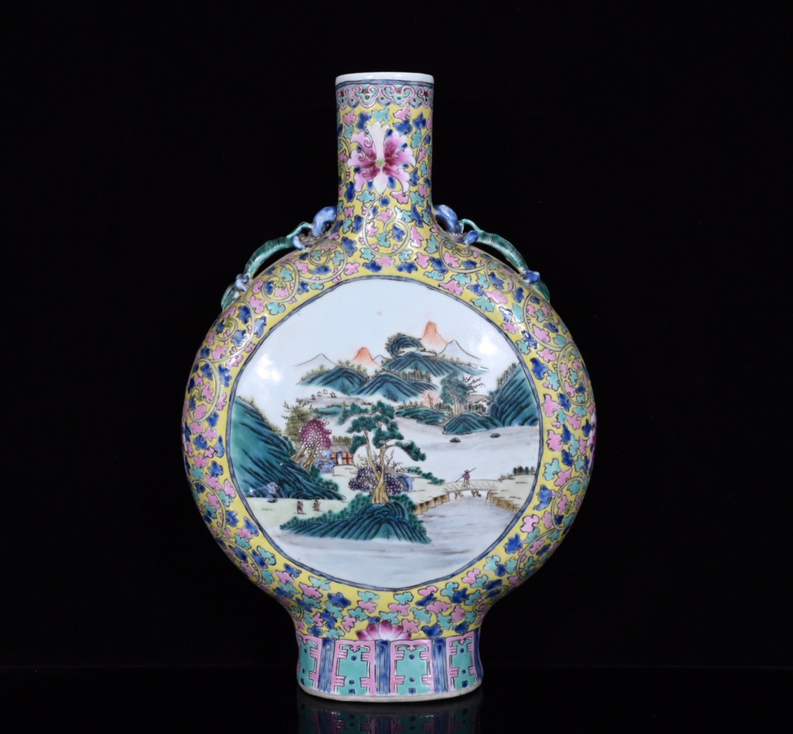 A Rare Wucai Landscape and Figure Pattern Double-Ears Vase: A Rare Wucai Landscape and Figure Pattern Double-Ears Vase,Qing Dynasty,China,Xianfeng Six-character Mark,Size:15inx6.3in 五彩山水人物纹双耳ல