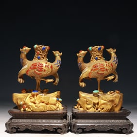 A Pair of Exquisite Gilt Bronze Phoenix Ornaments,Inlaid Gems,With Base