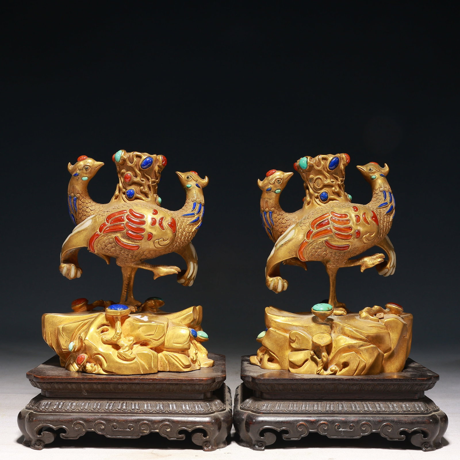 A Pair of Exquisite Gilt Bronze Phoenix Ornaments,Inlaid Gems,With Base (1 of 16)