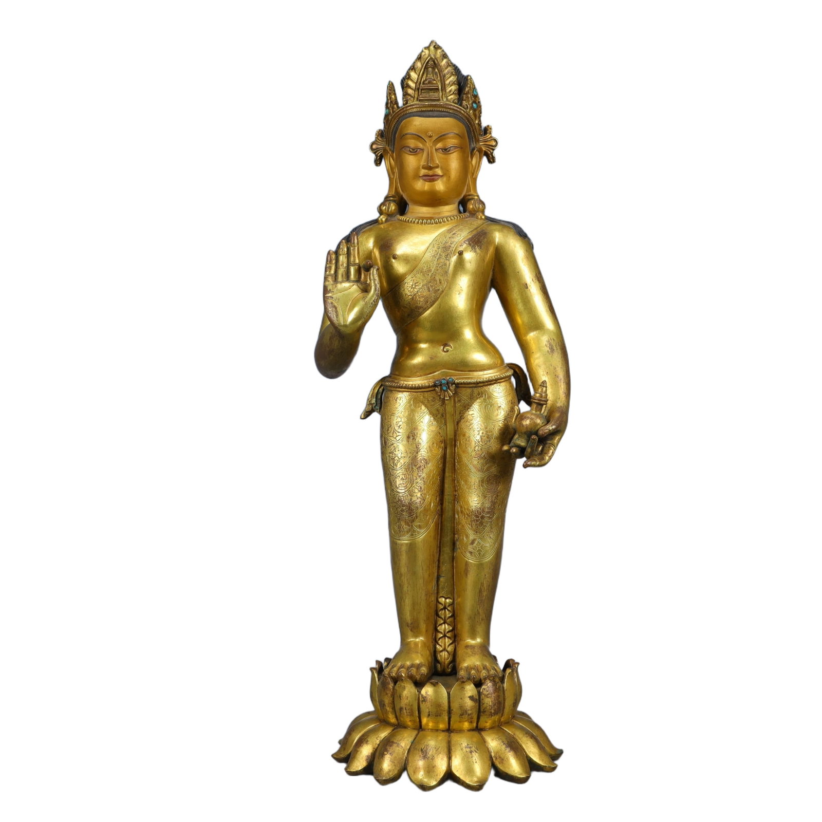 A Solemn Gilt Bronze Statue of Avalokitesvara,Inlaid Turquoise: A Solemn Gilt Bronze Statue of Avalokitesvara,Inlaid Turquoise,Ming Dynasty, China,Yongle Six-character Mark,Size:7.5inx5.9inx20.1in,Weight:7150g 铜鎏金观音像,î