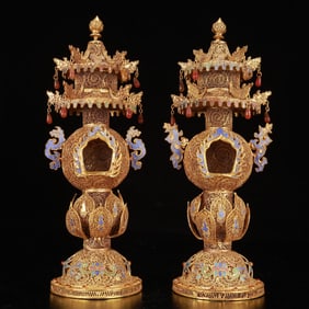 A Pair of Rare Cloisonne Gilt Dragon-Ears Lotus Tower Ornaments,Inlaid Gems