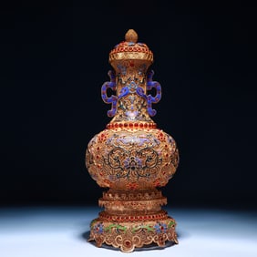 An Exquisite Filigree and Gilding Lotus Pattern Double-Ears Bottle,Inlaid Gems