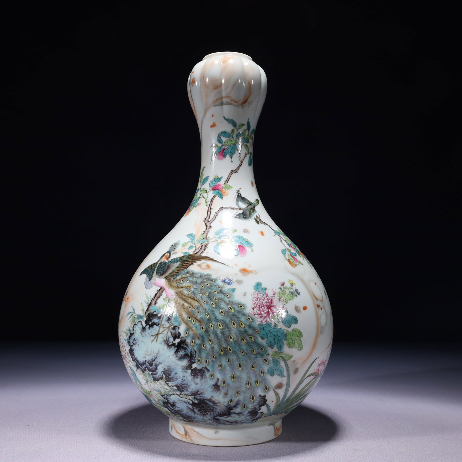 An Exquisite Famille-Rose Painted Gold Flower and Peacock Pattern Vase: An Exquisite Famille-Rose Painted Gold Flower and Peacock Pattern Vase,Qing Dynasty,China,Yongzheng Six-character Mark,Size:6.7inx13.4in,Weight:1850g 粉彩描金花卉&#