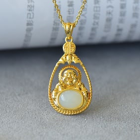 An Exquisite Bronze-Gold Plated Inlaid White Jade Statue of Maitreya Buddha Necklace